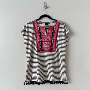 Rafaella-linen Blend Tassel Embroidered Summer Top